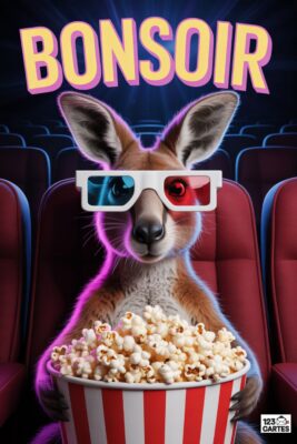 Kangourou au cinéma, portant des lunettes 3D, tenant un seau de pop-corn. Fond de salle obscure avec inscription «BONSOIR». Couleurs vives et chaleureuses.