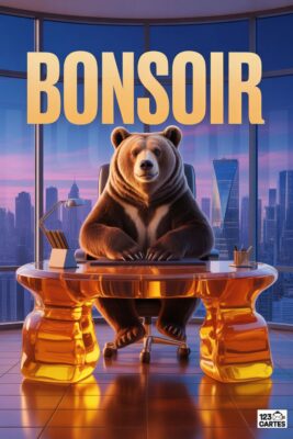 Ours assis derrière un bureau doré, avec le mot «BONSOIR» en or. Fond de gratte-ciels et ciel crépusculaire. Bureau d’affaires.