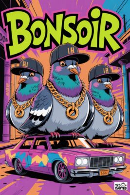 Bonsoir en vert sur fond violet. trois pigeons avec casquettes et chaînes dorées une voiture rose customisée. style cartoon, couleurs vives, urbain.