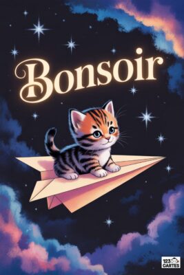 Chaton tigré sur avion en papier, ciel étoilé avec nuages roses et bleus, mot «BONSOIR» lumineux. Carte de vœux enfantine, nuit douce.