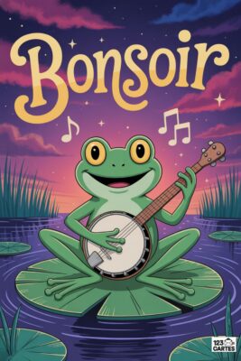 Un crapaud vert souriant joue du banjo sur une feuille de nénuphar. Le ciel crépusculaire rose et violet surplombe l’inscription «BONSOIR» et des notes de musique.