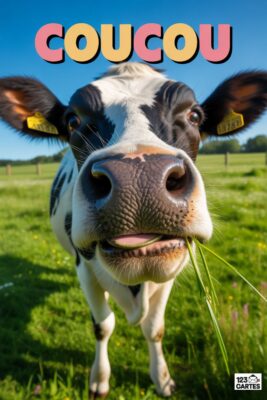 Gros plan d’une vache noir et blanc, regardant l’objectif. Herbe verte dans la bouche. Ciel bleu en arrière-plan. Mot «coucou» en rose et jaune au-dessus.