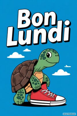 Une tortue verte souriante portant une chaussure rouge, avec le texte «Bon Lundi» en blanc sur fond bleu. Illustration joyeuse pour souhaiter un bon lundi.