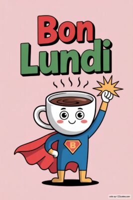 Une tasse de café super-héros avec cape rouge. Texte «Bon Lundi» en rouge et vert sur fond rose. La tasse tient une étoile.