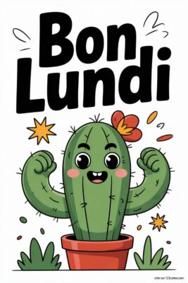 Un cactus vert souriant dans un pot rouge, avec le texte «Bon Lundi» en noir. Décorations étoiles et fleurs.