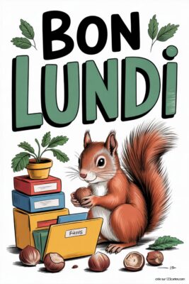 Un écureuil roux tenant une noisette, devant des dossiers et des noisettes. Le texte «Bon Lundi» en vert et noir domine l'image.