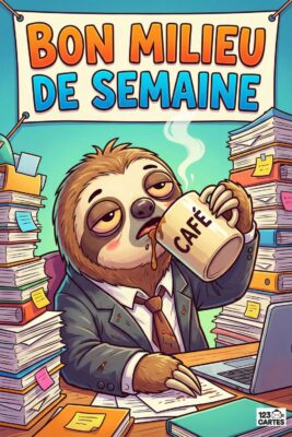Paresseux buvant du café au bureau, entouré de papiers. Texte «Bon milieu de semaine». Couleurs vives : bleu, orange, marron, beige. Fatigue et humour.