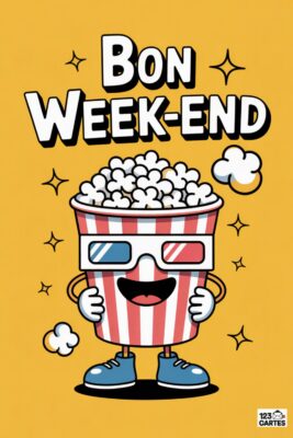 Bon week-end : seau de pop-corn souriant avec lunettes 3D, sur fond jaune. Texte «Bon Week-end» blanc, étoiles et nuages. Cinéma et détente.