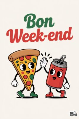 Bon Week-end en vert et rouge. une part de pizza canette soda souriantes se tapent dans la main. fond beige clair, style dessin= animé rétro.