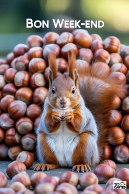Écureuil roux devant un tas de noisettes. Pelage gris et roux, regardant l’observateur. Texte «Bon Week-end» en haut. Fond marron et clair.