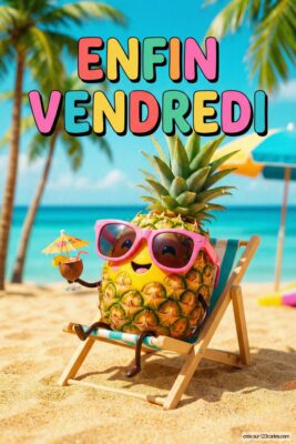 Ananas souriant en lunettes roses sur chaise longue, tenant un cocktail, sur plage de sable fin. Texte «Enfin Vendredi» coloré. Mer et palmiers en arrière-plan.
