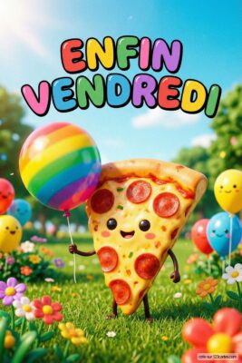 «Enfin Vendredi» en lettres colorées. Une part de pizza souriante tient un ballon arc-en-ciel. Fond de parc fleuri avec ballons souriants.