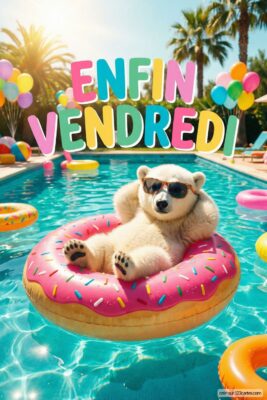 Ours polaire en lunettes de soleil sur bouée donut rose dans piscine turquoise. Texte «Enfin Vendredi» multicolore. Ballons et palmiers en arrière-plan.