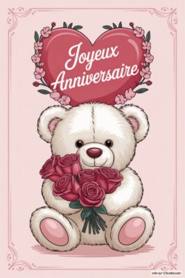Ours en peluche blanc tenant un bouquet de roses rouges, sur fond rose clair avec un cœur rouge orné de fleurs roses. Cadre décoratif. Joyeux anniversaire femme, style mignon.