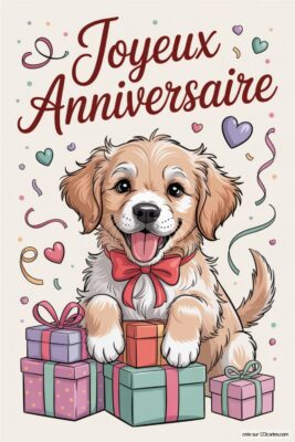 Chiot Golden Retriever souriant avec nœud papillon rouge, entouré de cadeaux et confettis colorés. Fond crème.