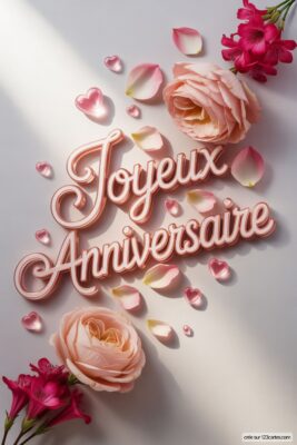Roses roses et pétales éparpillés sur fond blanc. Fleurs fuchsia en bas et en haut. Coeurs translucides et texte en relief rose poudré. Image anniversaire femme.