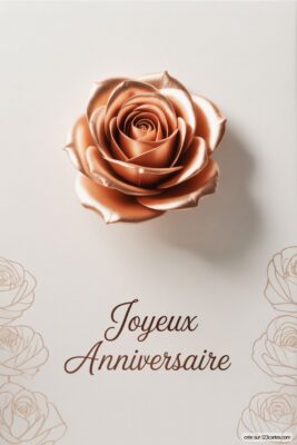 Rose dorée en relief sur fond beige clair. Détails de roses en filigrane aux coins. Image d'anniversaire femme avec une rose en or, élégante et raffinée.