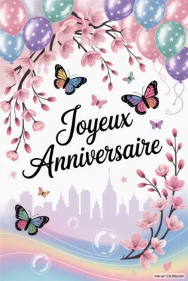 Ballons pastel, fleurs de cerisier roses et papillons multicolores ornent cette composition. Un skyline se dessine en arrière-plan. Image joyeux anniversaire femme, style floral et printanier.