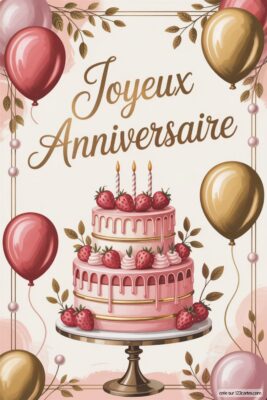 Gâteau d'anniversaire à deux étages rose, décoré de fraises et de crème, entouré de ballons roses et dorés. Fond crème avec éléments floraux dorés. Joyeux anniversaire femme.