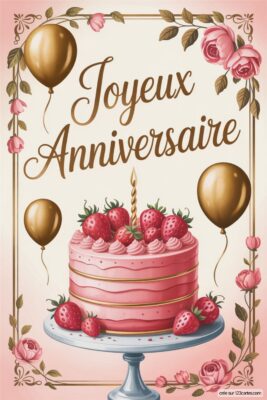Gâteau rose à fraises et bougie, ballons dorés, roses et cadre floral sur fond rose pâle. Image joyeux anniversaire femme, style vintage.