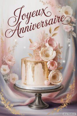 Gâteau d'anniversaire décoré de fleurs roses et blanches, avec glaçage doré dégoulinant, sur présentoir argenté. Fond pastel rose et bleu, avec ornements dorés.