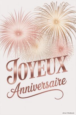 Feux d'artifice roses et dorés sur fond blanc crème.  Des étincelles festives ornent le ciel. Image joyeux anniversaire femme, avec une typographie élégante en cuivre rose.