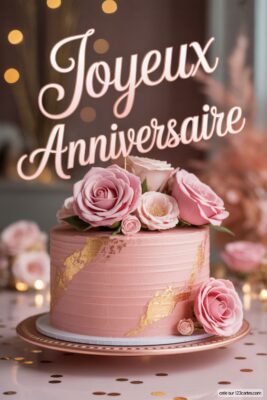 Gâteau d'anniversaire rose orné de roses et de dorures, posé sur un présentoir. Fond flou aux tons roses et dorés. Image joyeux anniversaire femme, style élégant et floral.