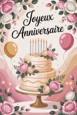 Gâteau d'anniversaire à deux étages orné de roses roses et blanches, bougies allumées, ballons et fleurs. Fond rose pastel avec des motifs floraux. Image joyeux anniversaire femme, style romantique.