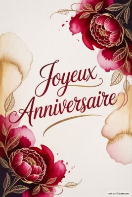 Fleurs rouges et dorées ornent un fond blanc crème. Des pivoines et des feuilles dorées encadrent le texte.  Le design floral est élégant et festif.  Anniversaire femme, style aquarelle.