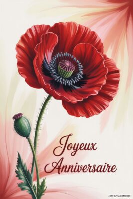 Coquelicot rouge vif avec cœur noir et pistil vert, tige verte. Bouton floral vert. Fond dégradé rose et beige clair.  Image joyeux anniversaire femme. Style floral et artistique.