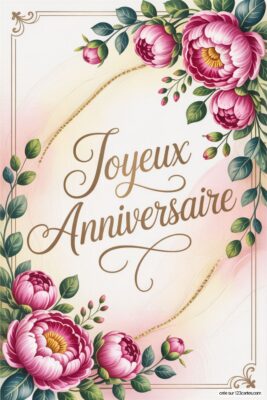 Fleurs roses et feuilles vertes ornent un fond dégradé rose et pêche, encadré d'or. Des pivoines roses et des bourgeons entourent un texte calligraphié.  Joyeux anniversaire femme, style floral.