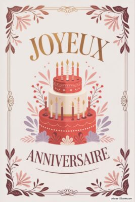 Gâteau d'anniversaire à trois étages, rouge et crème, orné de bougies allumées, entouré de motifs floraux sur fond crème. Cadre floral. Joyeux anniversaire femme. Style vintage.
