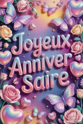 Papillons, roses et ballons en forme de cœur sur fond dégradé rose, bleu et violet. Image anniversaire femme avec éléments décoratifs pastel et brillants.