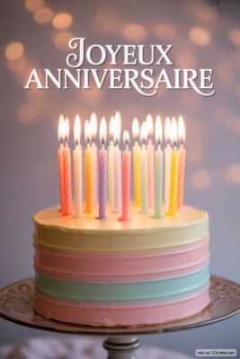 Gâteau d'anniversaire rond avec glaçage pastel rose, bleu, vert et jaune, surmonté de bougies allumées multicolores.