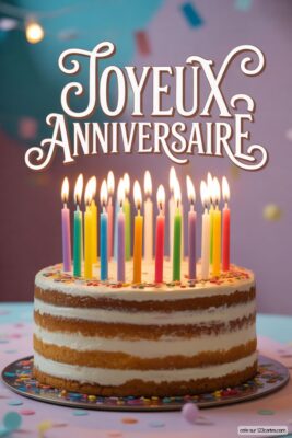 Gâteau d'anniversaire à trois couches de crème et de génoise, garni de bougies colorées allumées, sur fond violet pastel avec des confettis.