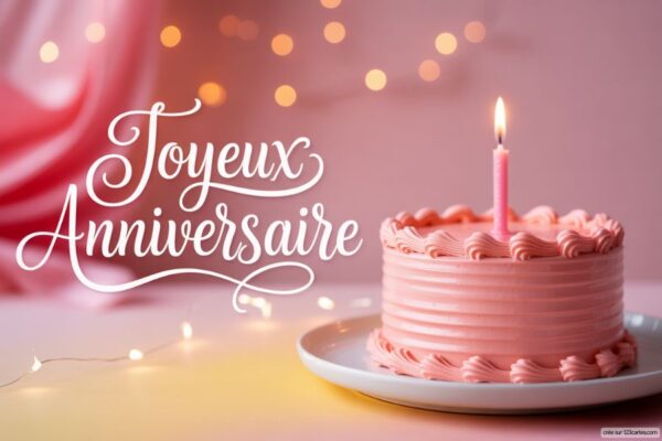 Gâteau d'anniversaire rose avec bougie allumée sur fond rose dégradé et lumières bokeh.