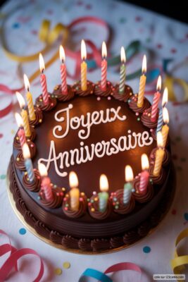 Gâteau d'anniversaire au chocolat avec glaçage marron, bougies colorées allumées et écrit «Joyeux Anniversaire» en blanc.