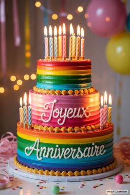 Gâteau d'anniversaire à trois étages arc-en-ciel avec bougies allumées, écrit «Joyeux Anniversaire».