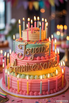 Gâteau d'anniversaire à trois étages aux couleurs pastel (rose, jaune, vert, violet) avec des bougies allumées et écrit «Joyeux Anniversaire» en doré.