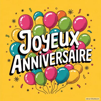 Ballons multicolores (rose, vert, bleu, orange, jaune) sur fond jaune avec écrit «Joyeux Anniversaire». Confettis noirs.