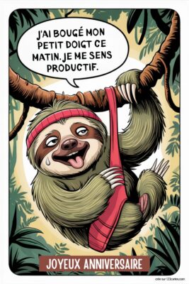 Paresseux souriant, langue sortie, bandeau rouge, accroché à une branche, sur fond de jungle verte. Bulle de dialogue: J'AI BOUGÉ MON PETIT DOIGT CE MATIN. JE ME SENS PRODUCTIF. Image anniversaire humour