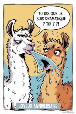 Deux lamas, un blanc crachant sur un roux, sur fond jaune et bleu, avec le texte  TU DIS QUE JE SUIS DRAMATIQUE ? TOI ??!. Anniversaire humour image