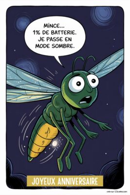 Luciole verte paniquée sur fond bleu nuit avec écrit Mince... 1% de batterie. Je passe en mode sombre. Dessin anniversaire humoristique. Anniversaire image humour