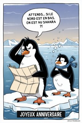 Deux pingouins sur banquise, l'un lit une carte, l'autre porte une écharpe. Bulle de dialogue: ATTENDS... SI LE NORD EST EN BAS, ON EST AU SAHARA ?!
