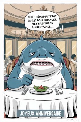 Requin boudeur à table, fourchette en main, devant une salade, sur fond de restaurant chic. Bulle de texte MON THÉRAPEUTE DIT QUE JE DOIS 'CHANGER MES HABITUDES ALIMENTAIRES' ... . Dessin humoristique.