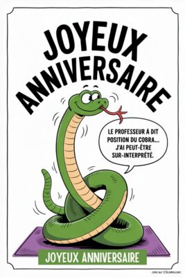 Serpent vert souriant faisant du yoga sur tapis violet, bulle de dialogue Le professeur a dit position du cobra... J'ai peut-être sur-interprété.  Humour.
