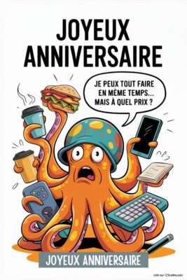Pieuvre orange stressée et surchargée, portant un chapeau, jonglant avec téléphone, café, hamburger, clavier, sur fond blanc. Texte: Je peux tout faire en même temps... mais à quel prix? . Humour.