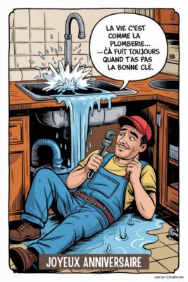 Plombier souriant sous un évier qui fuit, tenant une clé à molette. Texte: La vie c'est comme la plomberie... ça fuit toujours quand t'as pas la bonne clé.