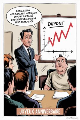 Scène de réunion de copropriétaire avec un homme présentant un graphique DUPONT sur tableau blanc, pointant un copropriétaire stressé, entouré de quatre autres hommes.