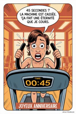 Femme paniquée sur tapis de course, sueur et yeux écarquillés, texte 45 secondes ? La machine est cassée. Ça fait une éternité que je cours. Image gratuite anniversaire femme humour